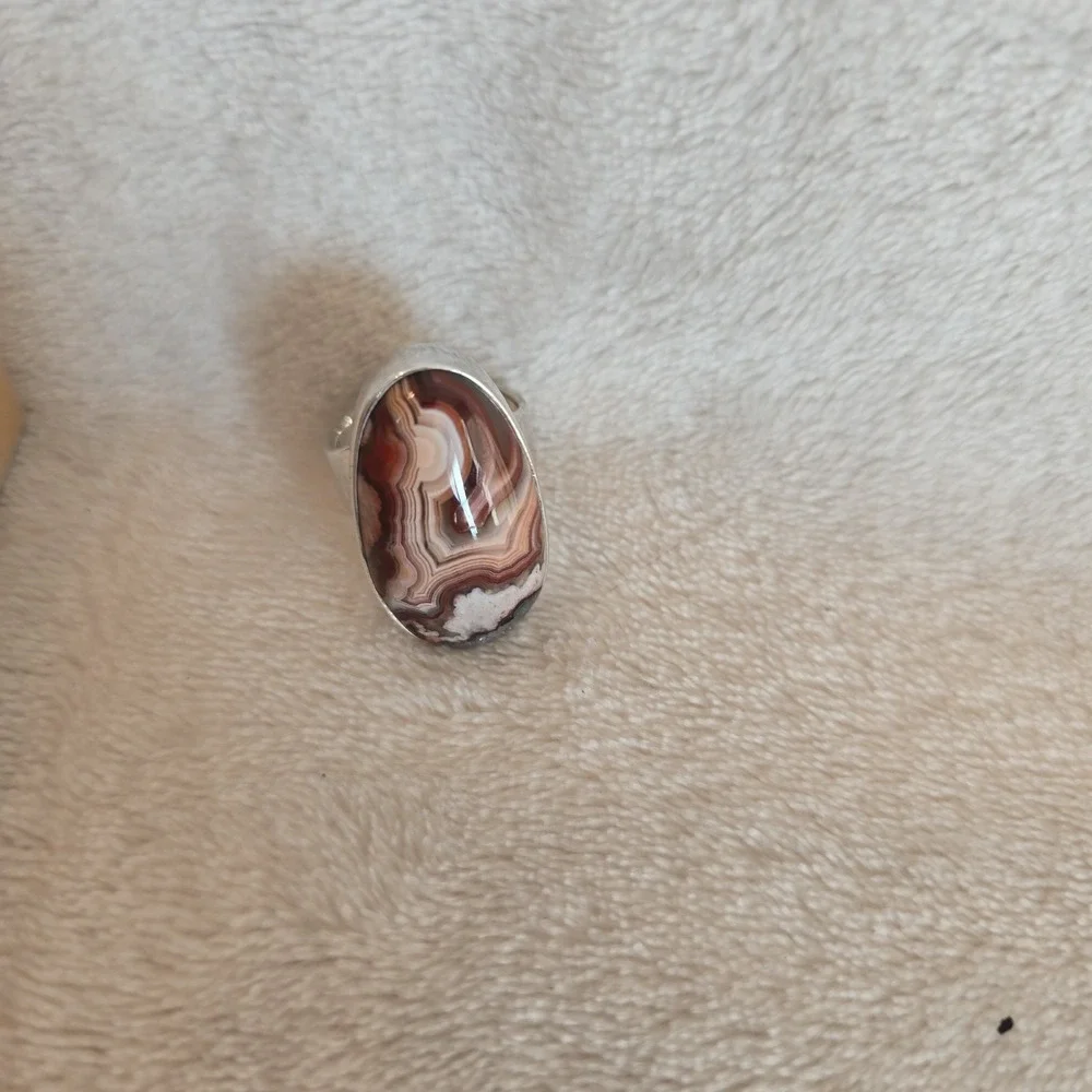 Oval Shaped Crazy Lace Agate Stone Sterling Silver Ring Earthy Boho-chic